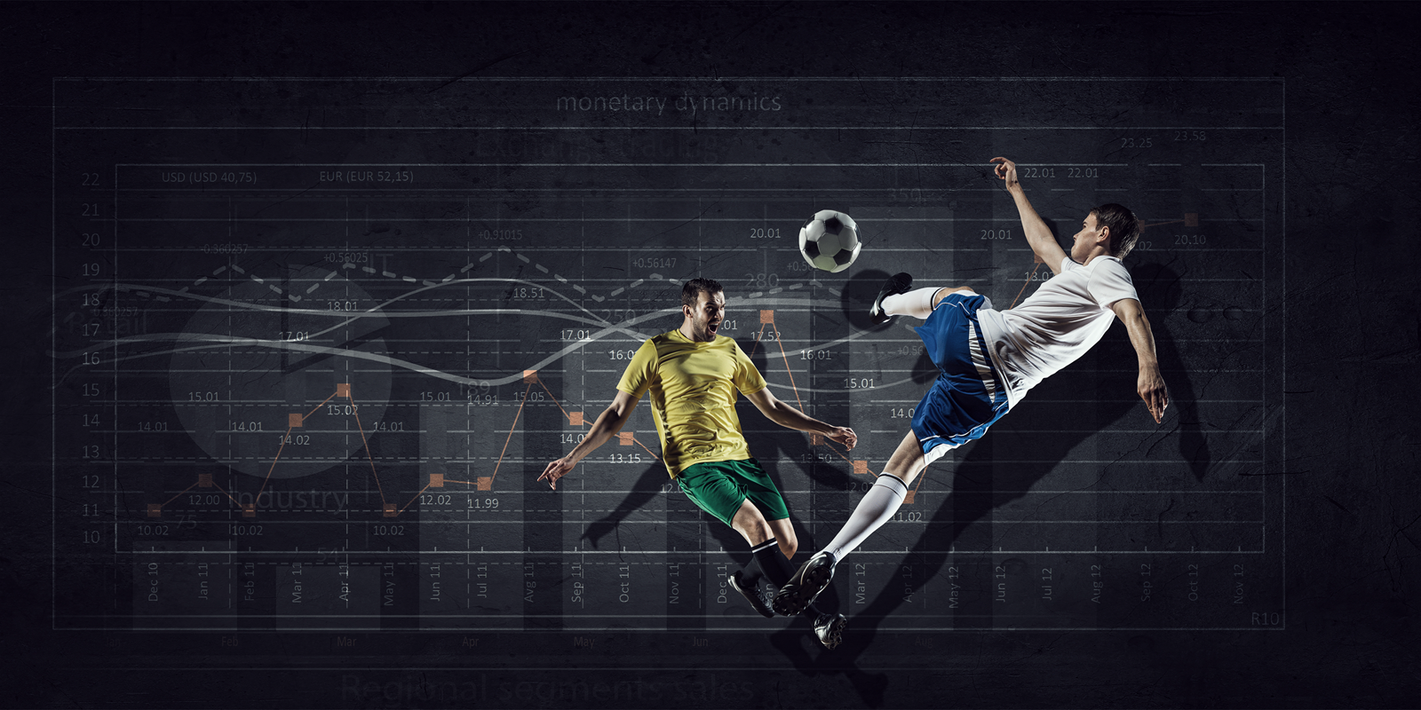 Two soccer players in front of a background of performance data