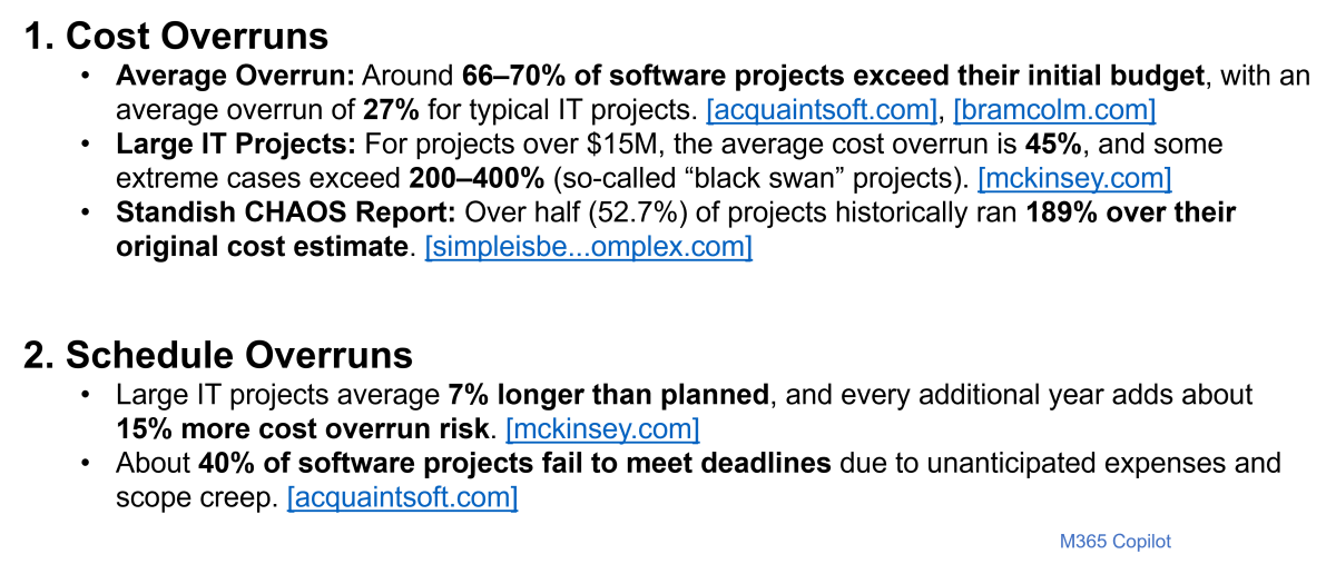 Statistics indicating software project schedule and cost overruns are a major issue.