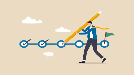 Cartoon of man holding large pencil marking progress line.