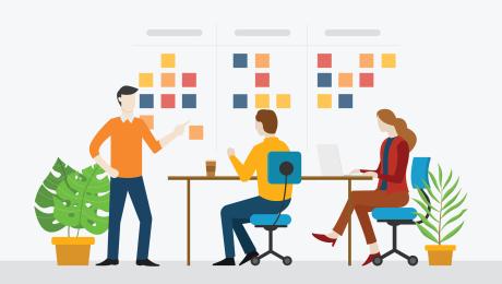 Animated group of Agile software developers and the Kanban board.